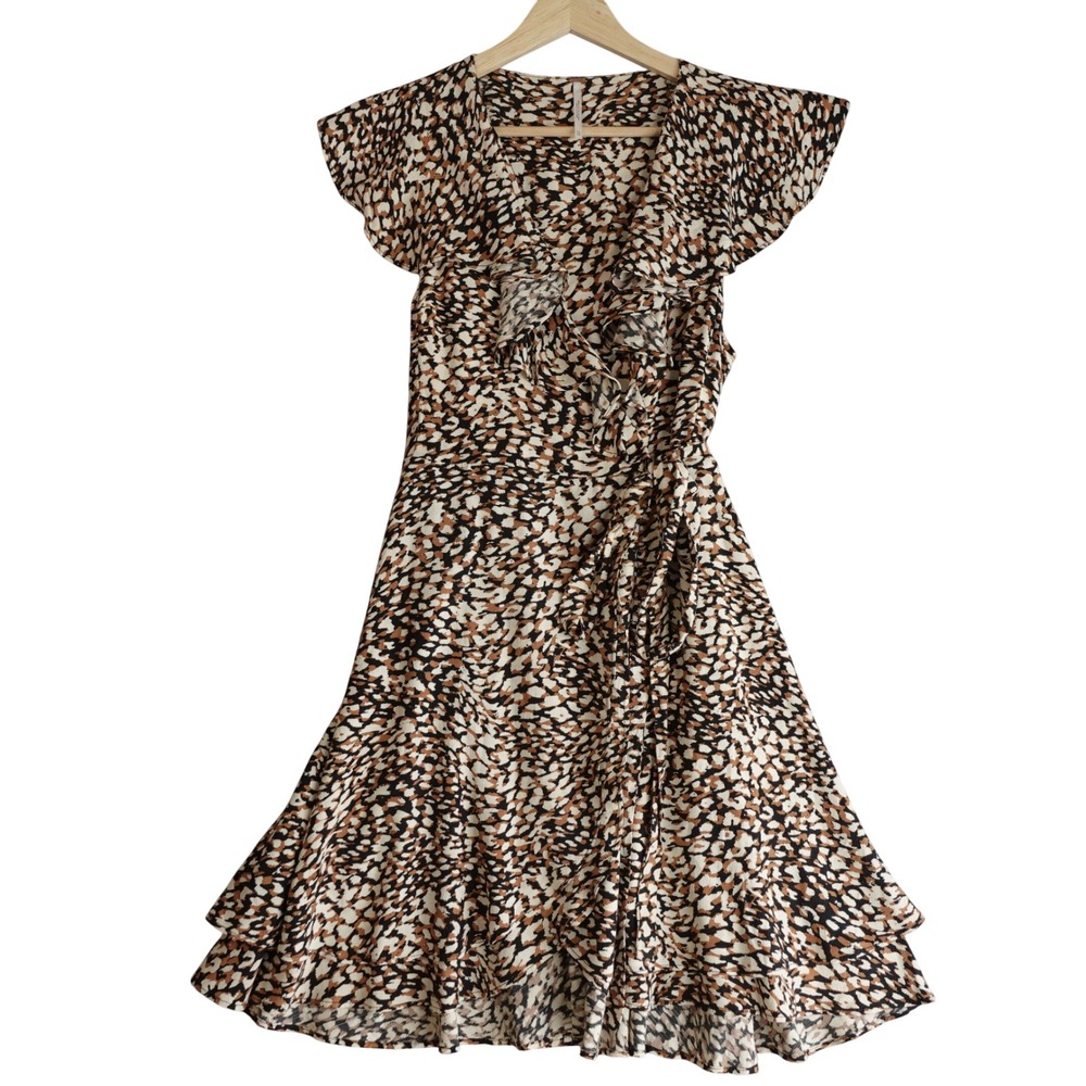 Free People Animal Print Wrap Mini Dress Womens XS Brown Ruffle Boho Chic Summer